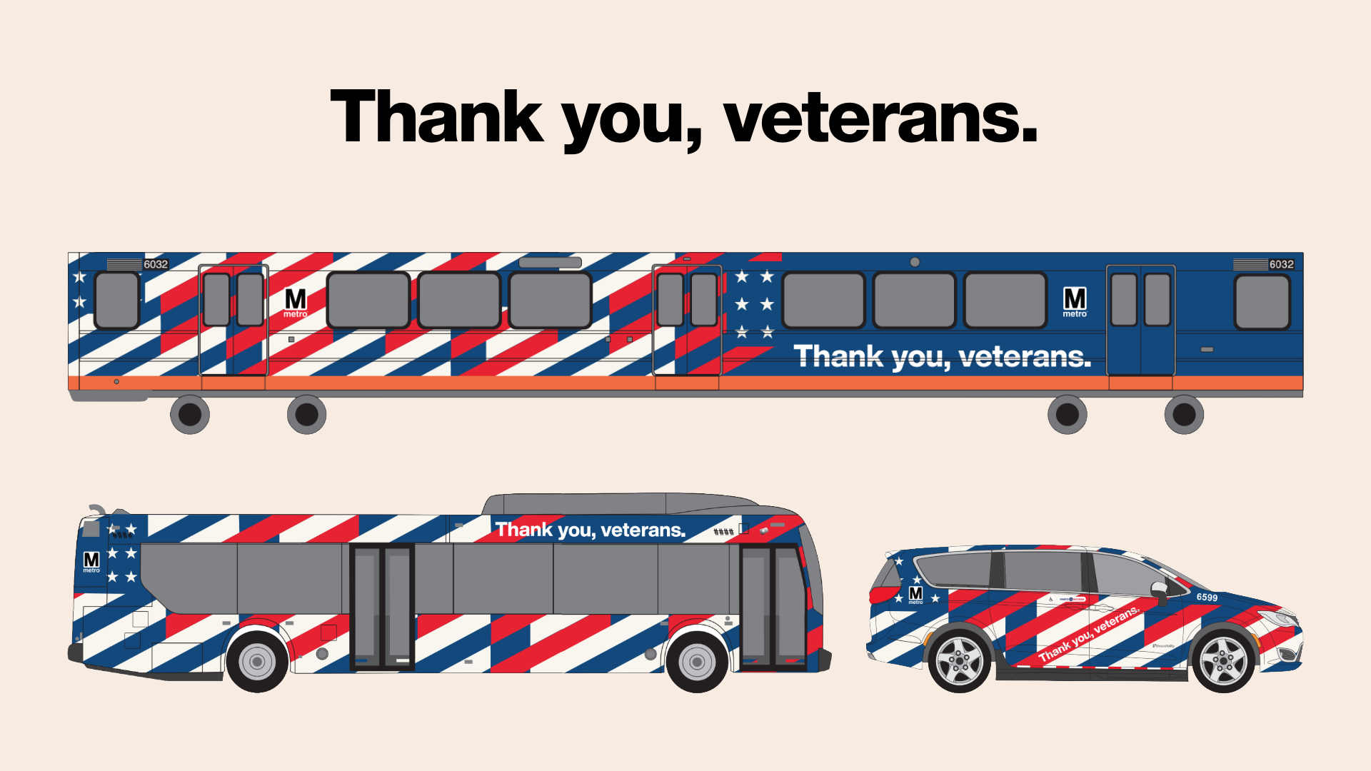 Mock-ups of patriotic Veterans Day wraps for trains, buses, and MetroAccess vans displaying red, white, and blue stars and stripes.