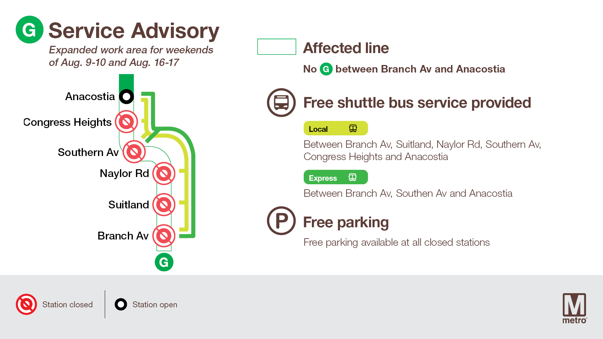 Map showing Green Line station closures and shuttle bus routes
