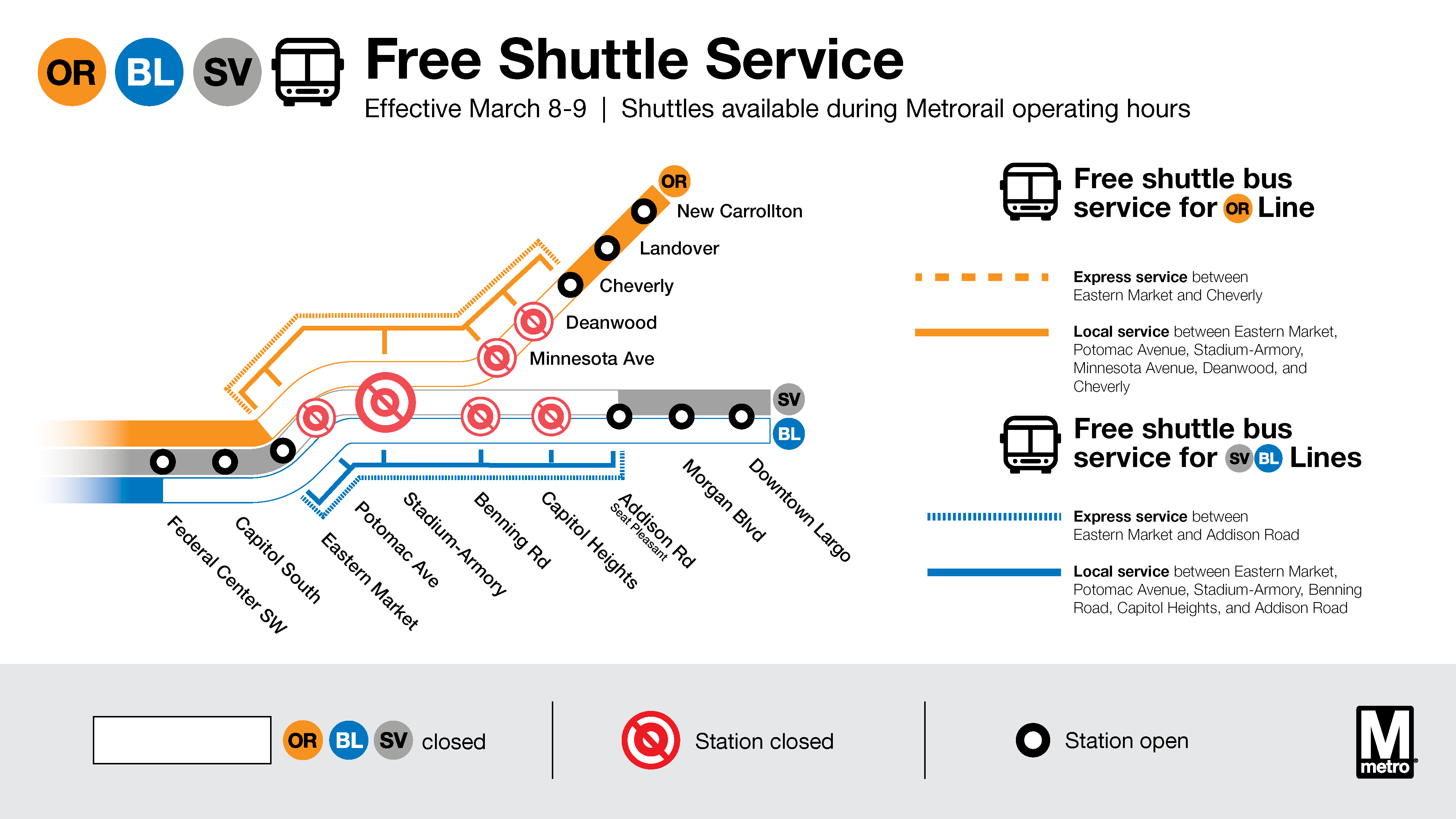 Service map showing bus shuttles where rail stations are closed