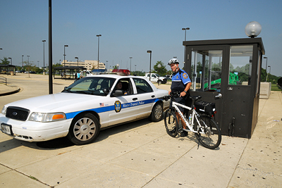 MTPD patrols stations with MTPD officers in cars, on bicycles and on foot.