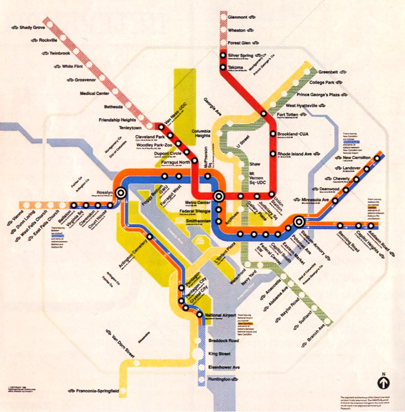 1982 Metro map showing National Airport as the terminus for the Blue and Orange lines