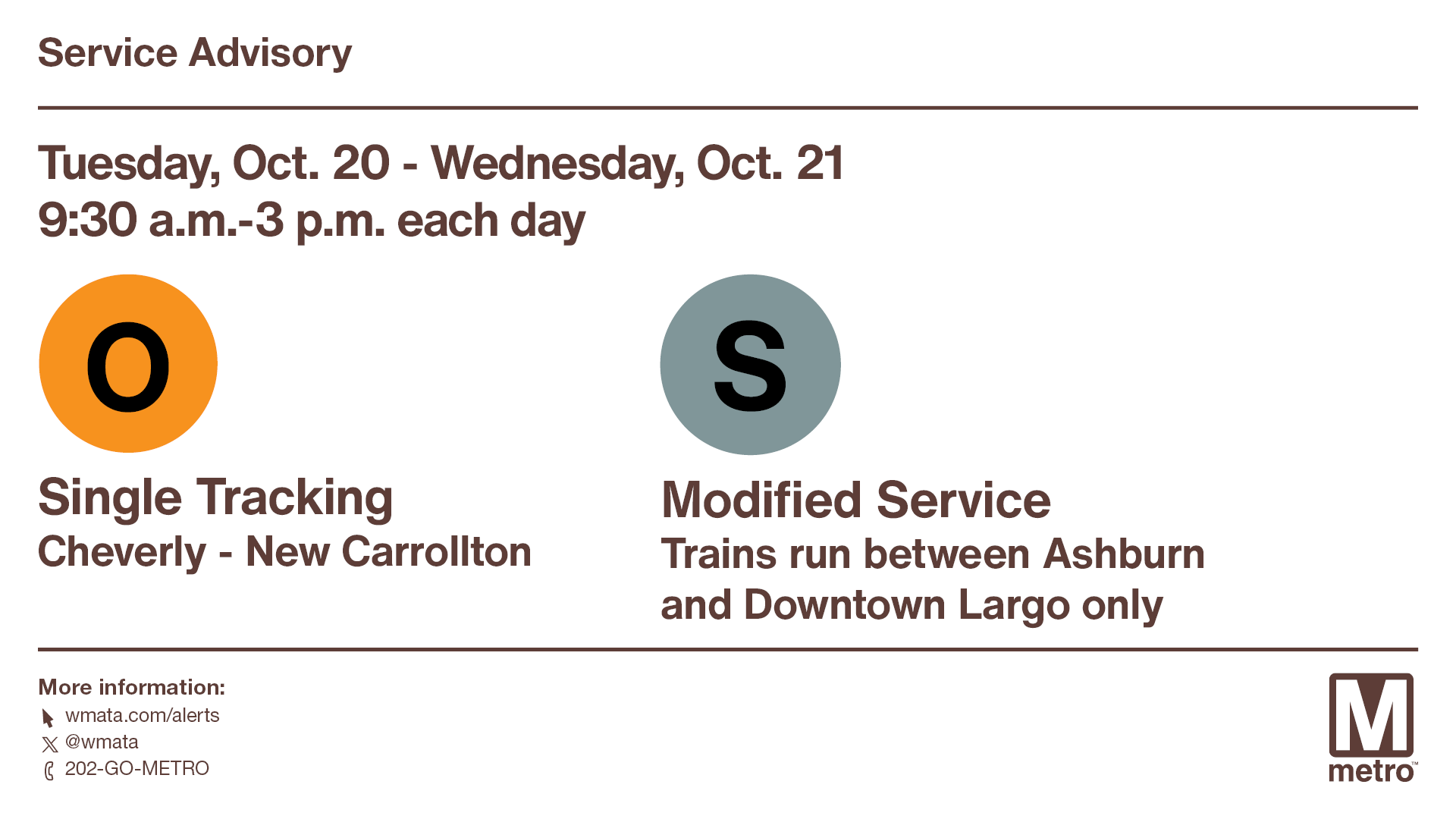 Tuesday Oct 20 and Wednesday Oct 21, Orange Line: Between 9:30 am - 3 pm only: Single tracking, Cheverly to New Carrollton; Silver Line: Between 9:30 am - 3 pm only: All trains, Ashburn to Downtown Largo