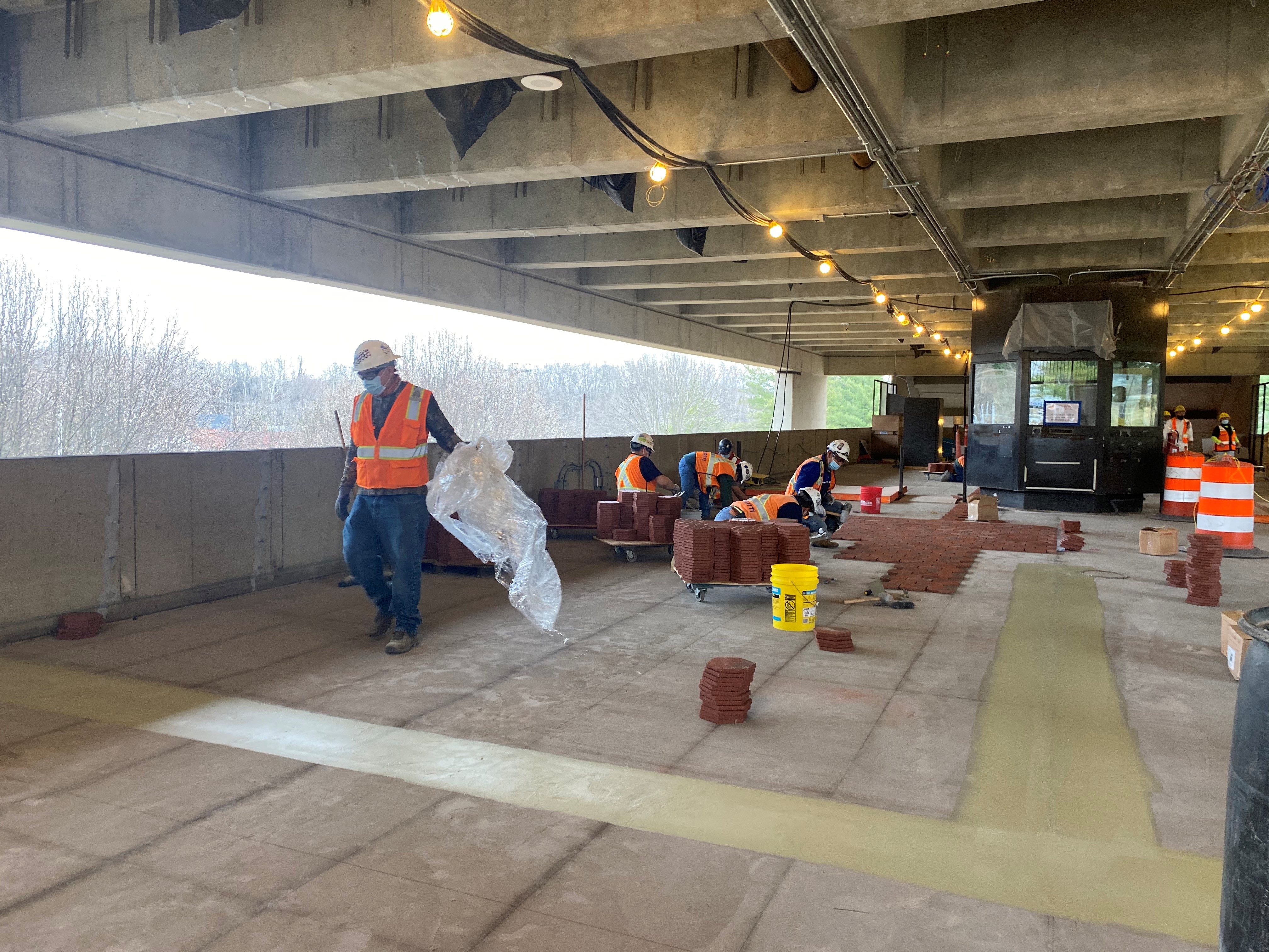 Slip-resistant tile installation in mezzanine area