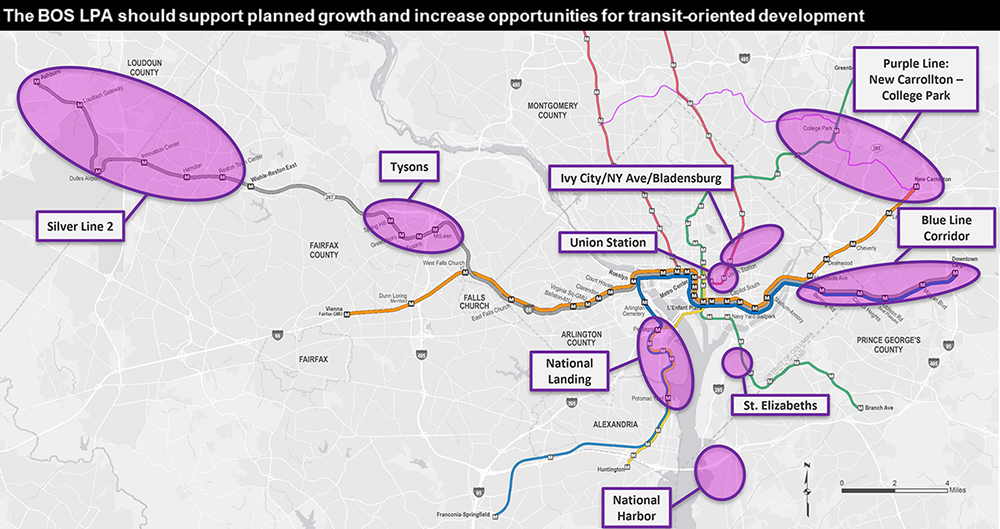 Imagem do mapa identificando áreas de crescimento planejado em toda a área de estudo. A BOS LPA deve apoiar o crescimento planejado e aumentar as oportunidades para o desenvolvimento voltado para o transporte público.