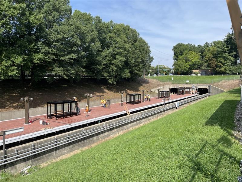 Updated Grosvenor-Strathmore platform with new non-slip tiles, a refurbished granite edge,  and new passenger information displays.