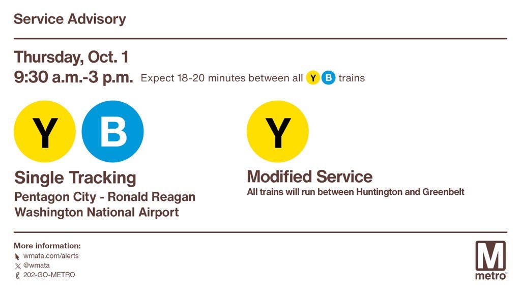 Yellow and Blue line - Single tracking: Pentagon City to Reagan Airport (DCA); Yellow Line runs to Greenbelt, all trips
