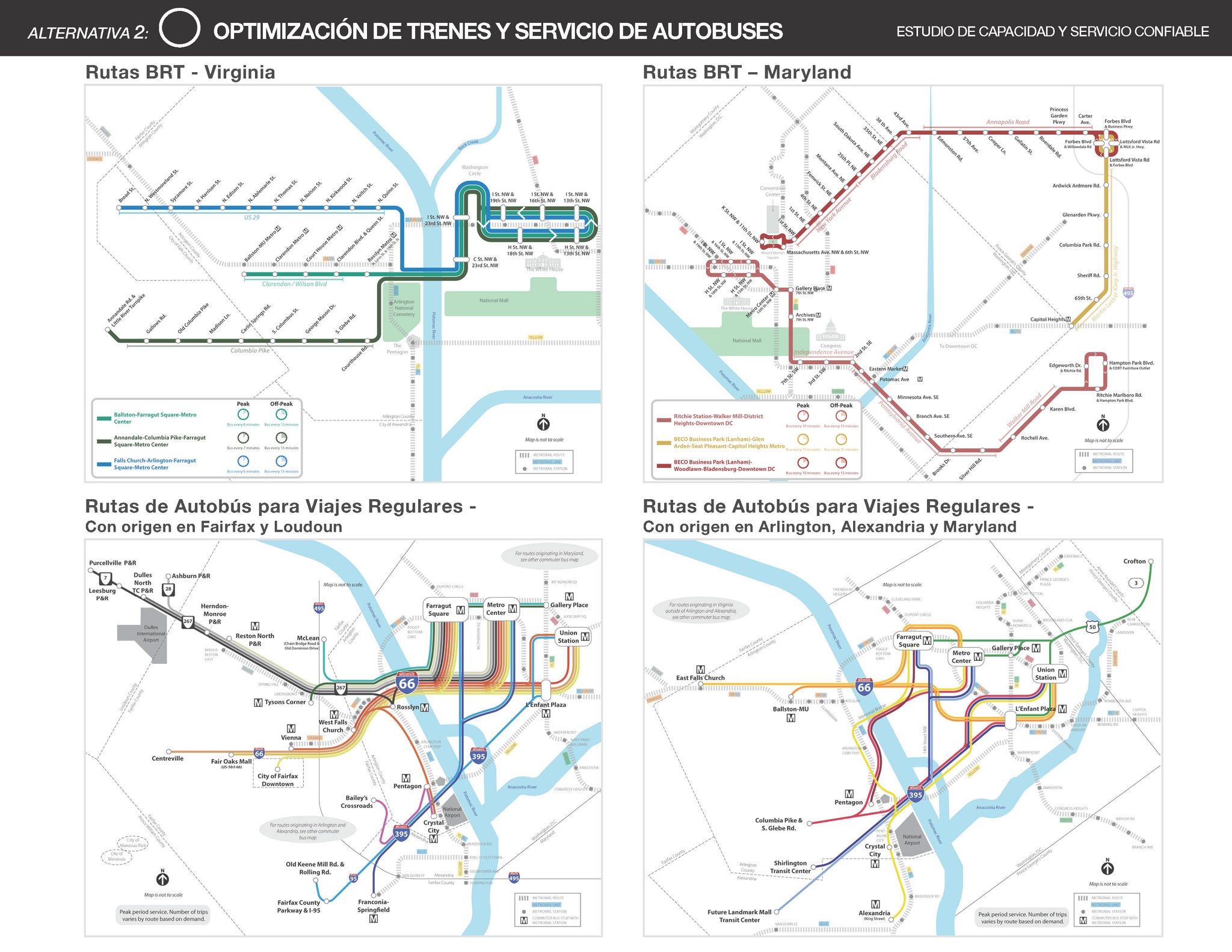 Image showing regional  bus rapid transit and commuter bus routes included as part of the Lower Capital Cost Alternative. This alternative includes a network of enhanced bus services, dynamic rail scheduling, exploring options to increase passenger capacity in stations and railcars, and building infrastructure near the West Falls Church and Stadium-Armory stations that can support train turnbacks and reduce the footprint of single-tracking operations and construction zones.