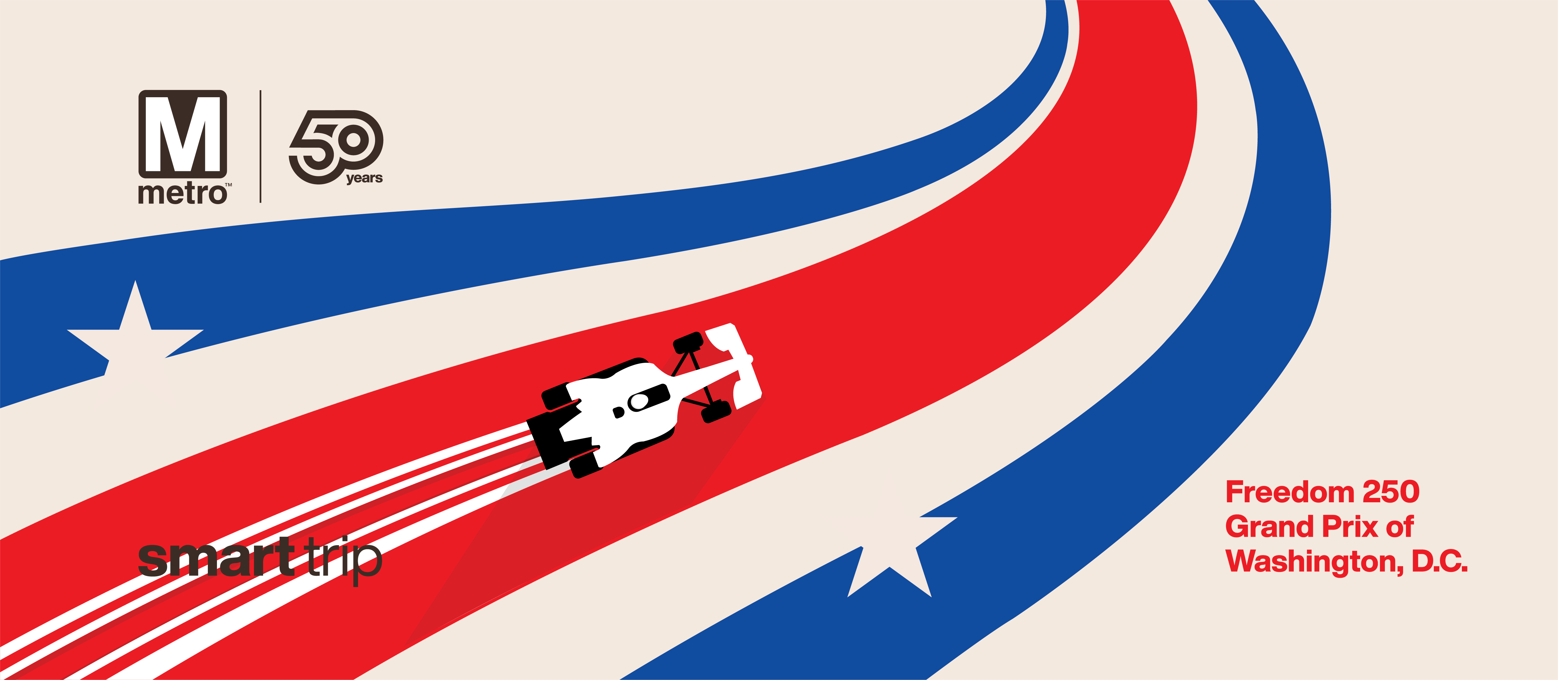 Image of Smart Trip Card with Red, White, and Blue stripes and an Indy Car