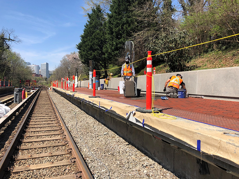 Grouting slip-resistant platform tiles at Arlington Cemetery Station