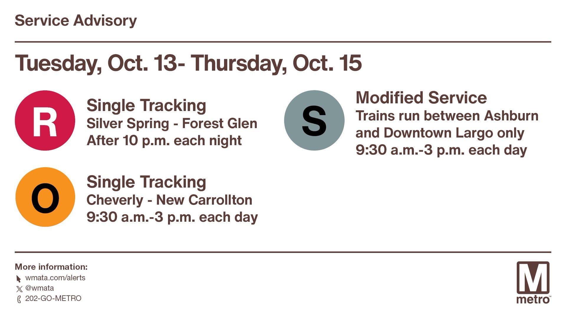 Red Line, after 10 pm only: Single tracking, Silver Spring to Forest Glen; Orange Line, between 9:30 am - 3 pm only: Single tracking, Cheverly to New Carrollton; Silver Line, between 9:30 am - 3 pm only: All trains, Ashburn to Downtown Largo