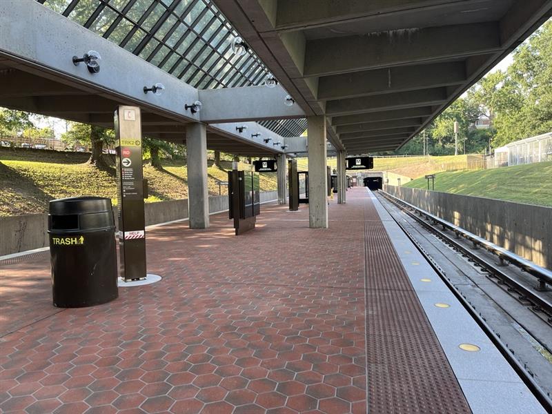 Updated Grosvenor-Strathmore platform with new non-slip tiles, a refurbished granite edge,  and new passenger information displays.