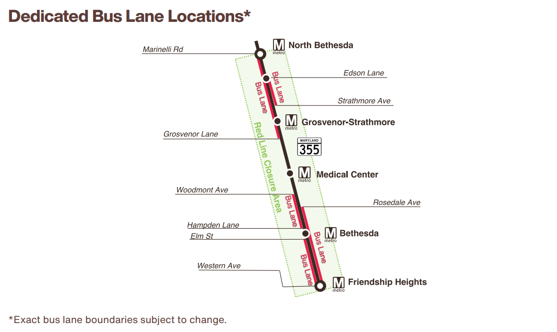 Map of dedicated shuttle bus lanes in Montgomery County for 2026 Red Line construction