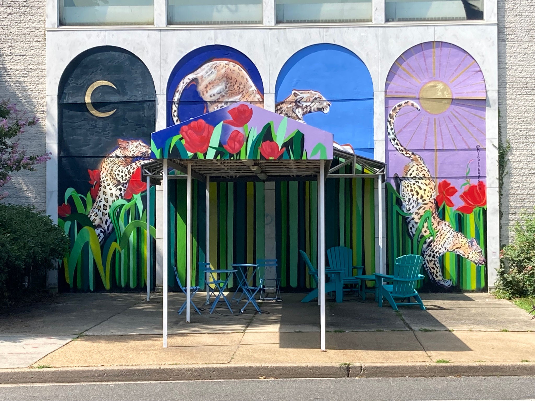 Metro building facade at friendship heights showing colorful artwork