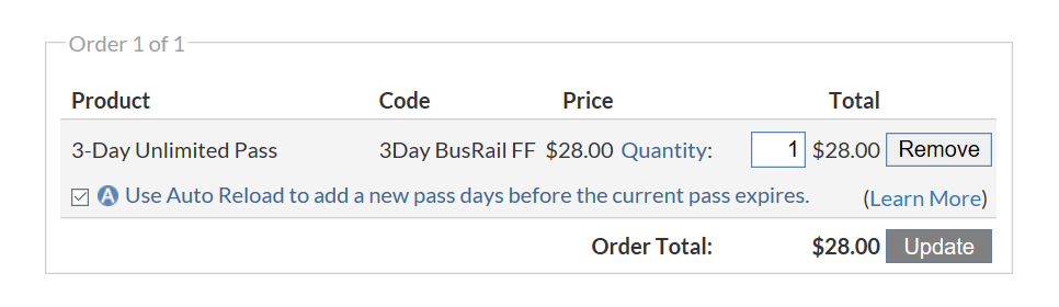 screenshot of checkout to activate auto reload on a smart trip card