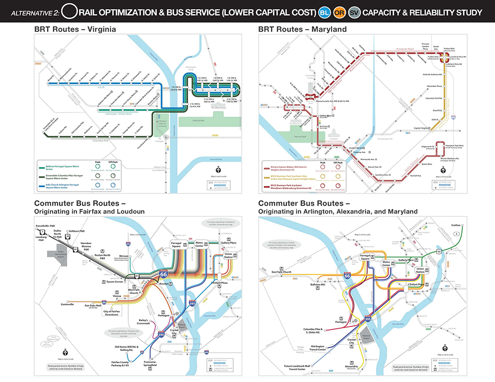 Imagem mostrando rotas regionais de ônibus rápidos e ônibus de passageiros incluídas como parte da Alternativa de Custo de Capital Menor. Essa alternativa inclui uma rede de serviços de ônibus aprimorados, programação dinâmica de trens, exploração de opções para aumentar a capacidade de passageiros em estações e vagões, e construção de infraestrutura próxima às estações West Falls Church e Stadium-Armory que possam apoiar retornos de trens e reduzir a área de operações de via única e zonas de construção.