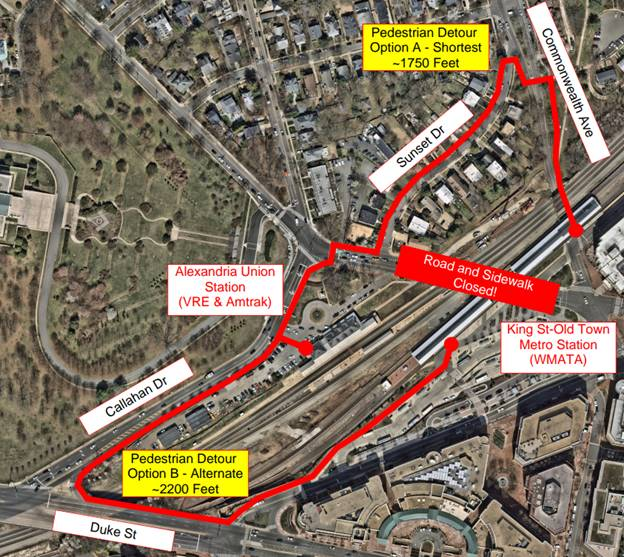 Satellite map showing a marked pedestrian detour near Alexandria Union Station, with labeled routes (Option A ~1,750 feet and Option B ~2,200 feet) around a closed road and sidewalk by King St–Old Town Metro Station.