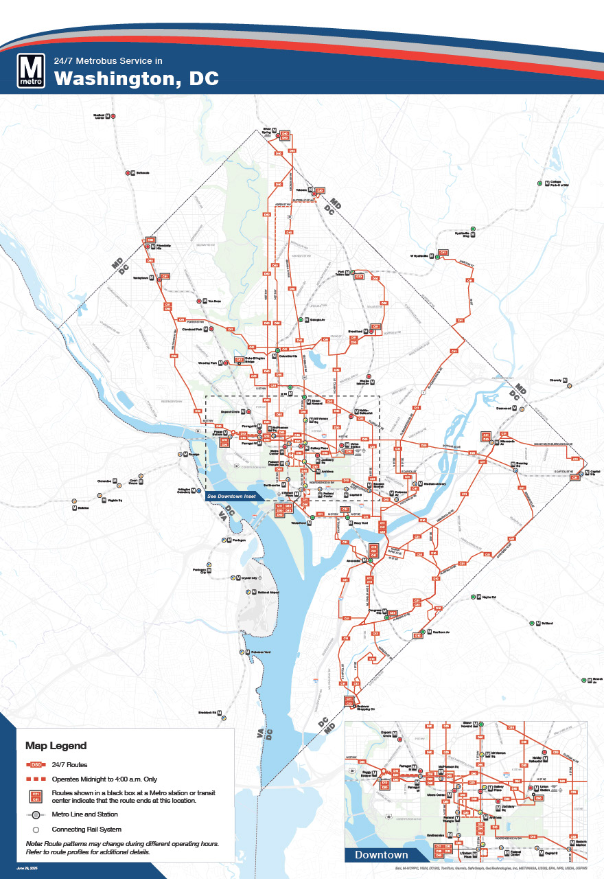 District of Columbia 24/7 Bus Service Map