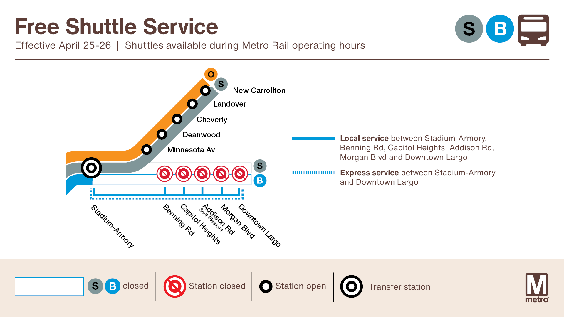 Graphic showing Blue and Silver Line stations closed