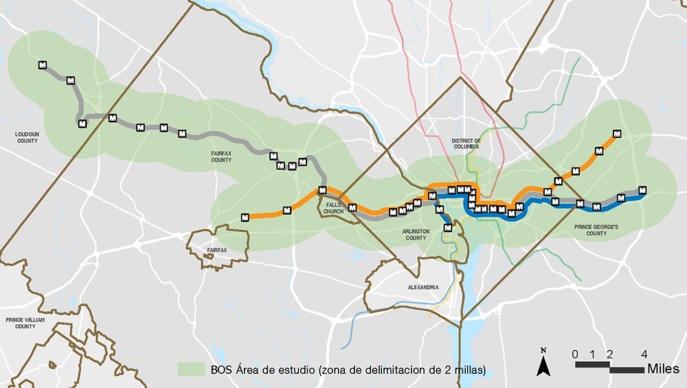 Imagen que muestra el área de estudio BOS, que incluye una zona de delimitación de 2 millas alrededor de las líneas azul, naranja y plateada.