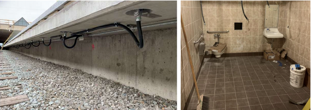 Dunn Loring – edge lights installed and strapped up (left). Floor and wall tile work in customer restroom (right)