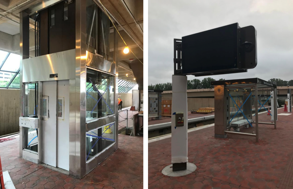 West Falls Church – progress on North Entrance roof (left). Windscreen on platform (right)