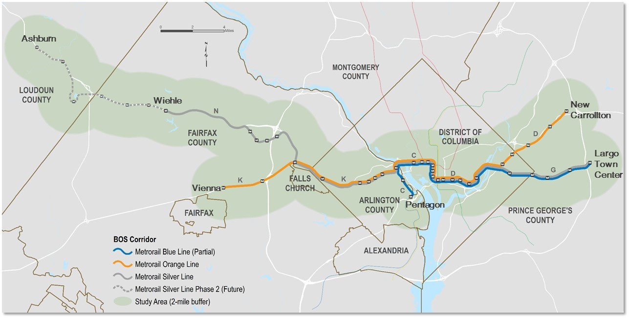 Map of the study area. Includes the entire Silver Line from the future Ashburn Station to Largo Town Center, the entire Orange Line from Vienna to New Carrollton, and the Blue Line between Pentagon and Largo Town Center.