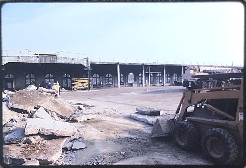 1987 photograph showing the extent of the demolition that occurred within the bus garage
