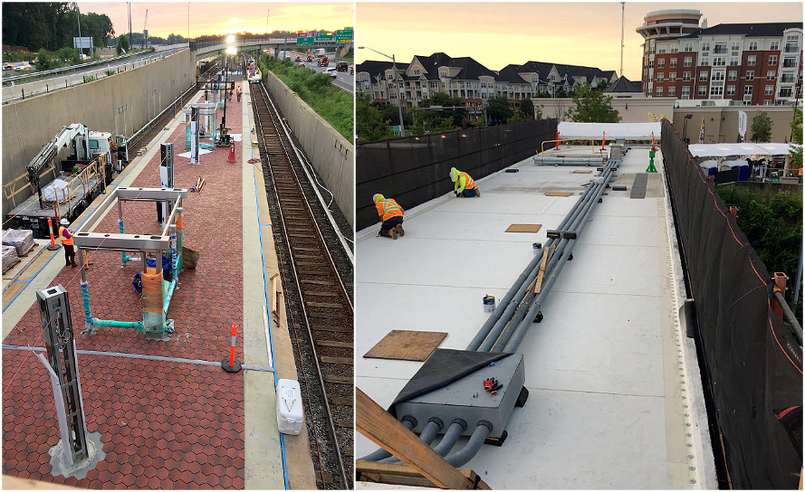 Dunn Loring - View looking down the platform with new tile, pylons and shelters visible (left). Installing new roofing (right).
