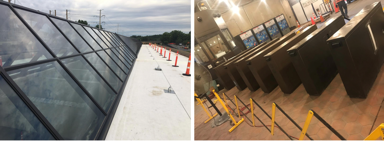 East Falls Church – completed skylight (left). Receptacles installed for fare gates and fare vending machines (right).