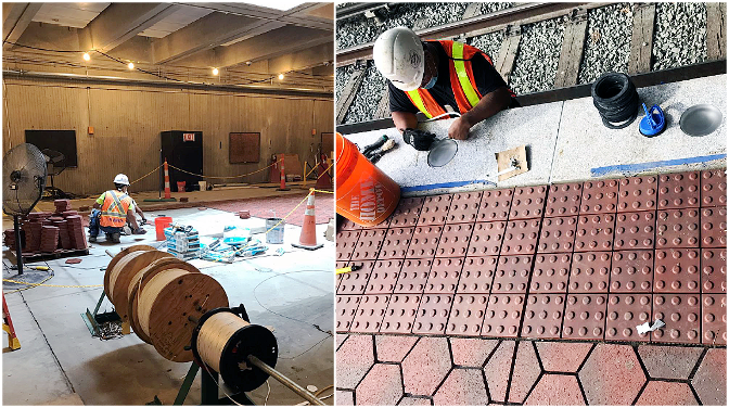 East Falls Church - Installing new tile in the mezzanine (left). Installing lenses over the edge lights (right).