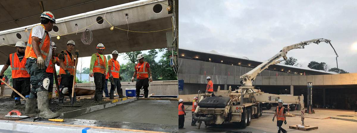 Van Dorn Street Station crews (1) conduct topping slab installation and (2) pour topping slab using large truck