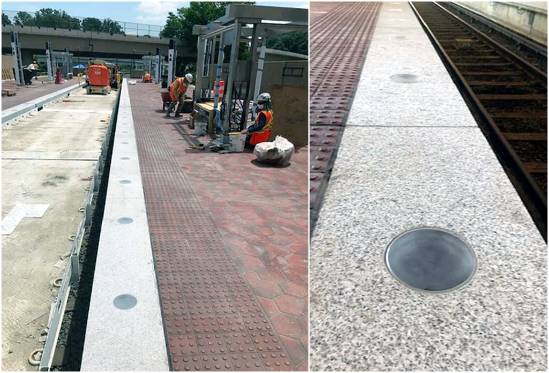 West Falls Church - New granite edges, bumpy tile and slip-resistant tile have been installed on the platform (left). Close-up view of new granite edges with edge lights (right).